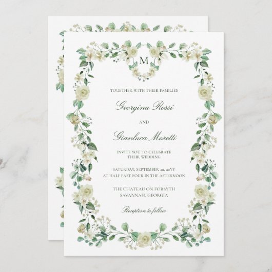 Witte Bloemen Waterverf Crest & Monogram Bruiloft Kaart (Voorkant / Achterkant)