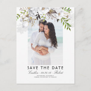 Witte Bloemen Waterverf Foto Save the Date Aankondigingskaart