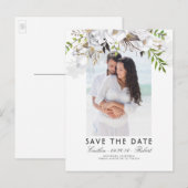 Witte Bloemen Waterverf Foto Save the Date Aankondigingskaart (Voorkant / Achterkant)