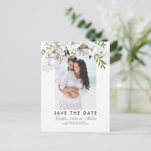 Witte Bloemen Waterverf Foto Save the Date Aankondigingskaart (Staand voorkant)