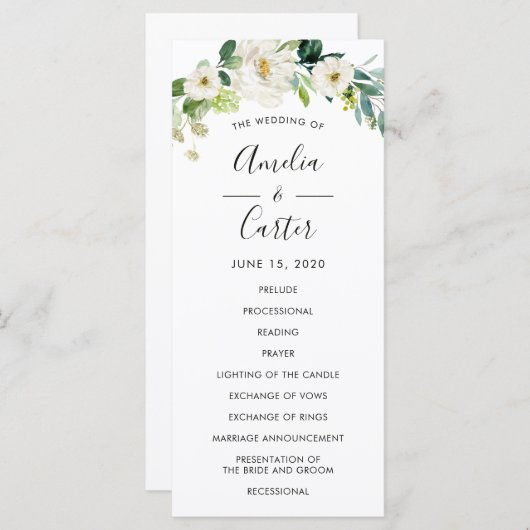 Witte Bloemen Waterverf Trouwceremonie Programma Programmakaart (Voorkant / Achterkant)