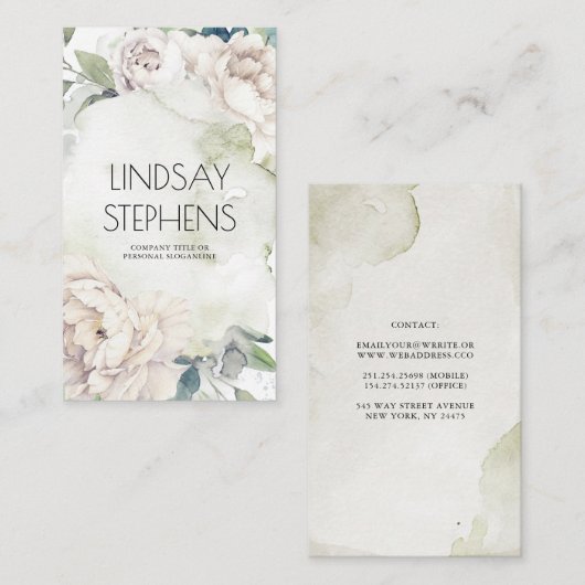 Witte Bloemen  Waterverven Elegant Neutral Visitekaartje (Voorkant / Achterkant)