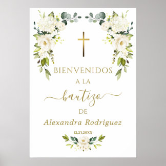 Witte bloemen welkom Spaans doopsel bord Poster