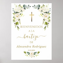 Witte bloemen welkom Spaans doopsel bord