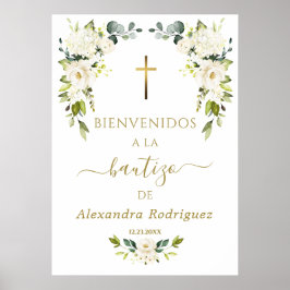 Witte bloemen welkom Spaans doopsel bord Poster