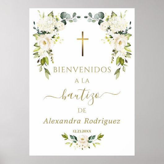Witte bloemen welkom Spaans doopsel bord Poster (Voorkant)