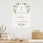 Witte bloemen welkom Spaans doopsel bord Poster (Keuken)