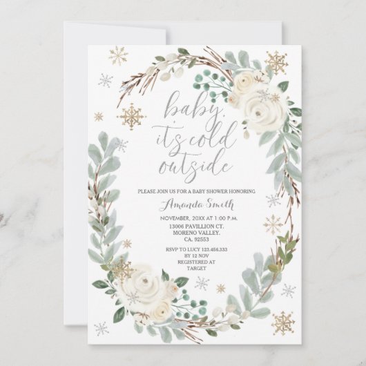 Witte Bloemen Winter Baby shower Invitation Kaart (Voorkant)