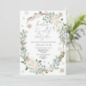 Witte Bloemen Winter Baby shower Invitation Kaart (Staand voorkant)