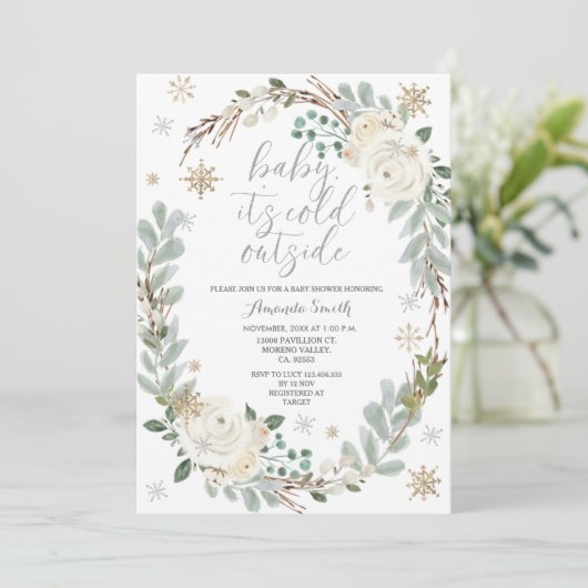 Witte Bloemen Winter Baby shower Invitation Kaart (Staand voorkant)