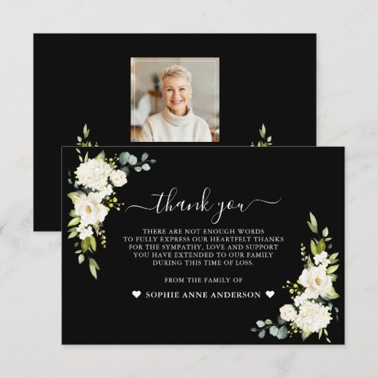 Witte bloemen zwart foto in liefdevolle herinnerin bedankkaart (Voorkant / Achterkant)