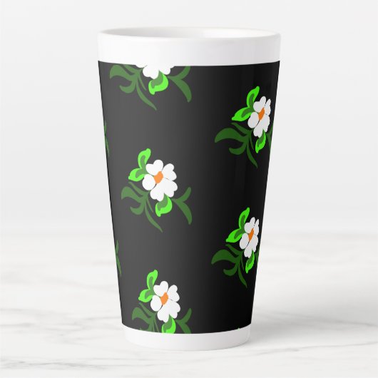 Witte bloemen zwarte achtergrond aluminiumwaterbod latte mok (Voorkant)