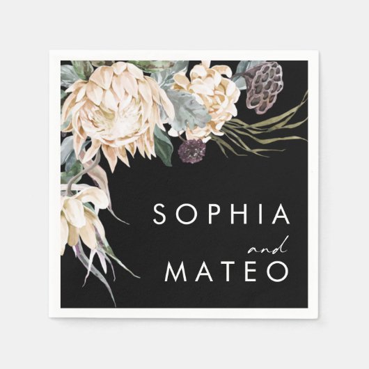 Witte Bloemen | Zwarte bruiloft servetten (Voorkant)