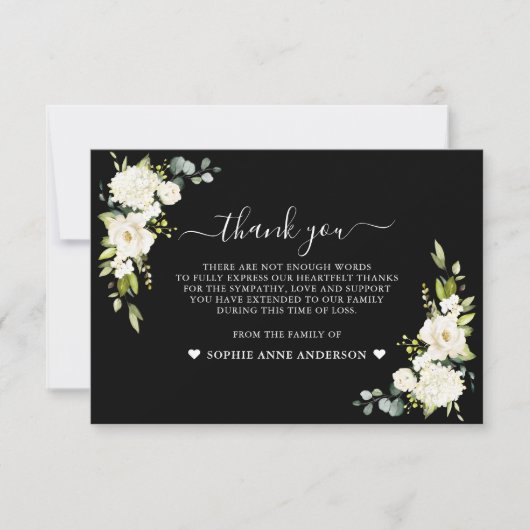 Witte bloemen Zwarte foto ter liefdevolle herinner Bedankkaart (Voorkant)