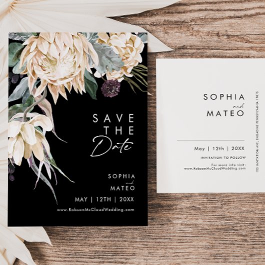 Witte bloemen | Zwarte Save The Date-ansichtkaart Uitnodiging Briefkaart
