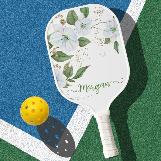 Witte bloemenaquarel gouden glans schrift naam pickleball paddle