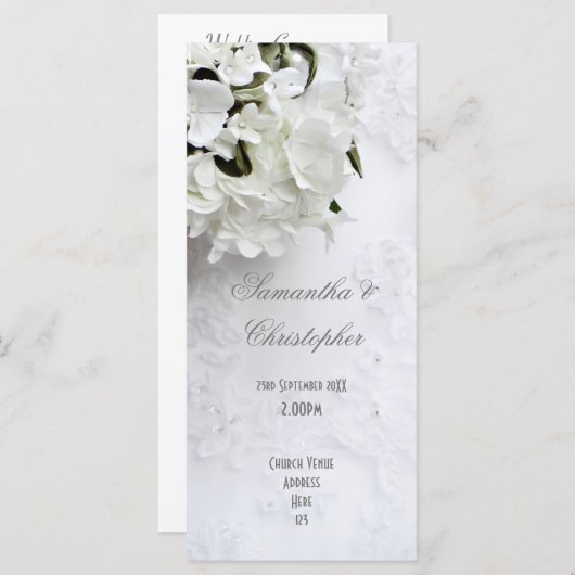 Witte bloemenbruid boeket kerk bruiloft programma programmakaart (Voorkant / Achterkant)