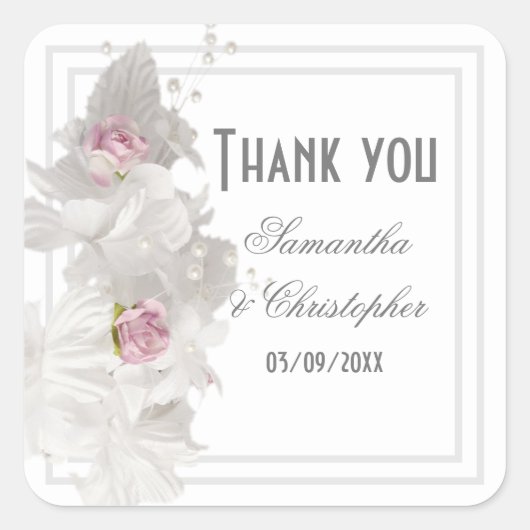 Witte bloemenbruids bruiloft dank u vierkante sticker (Voorkant)