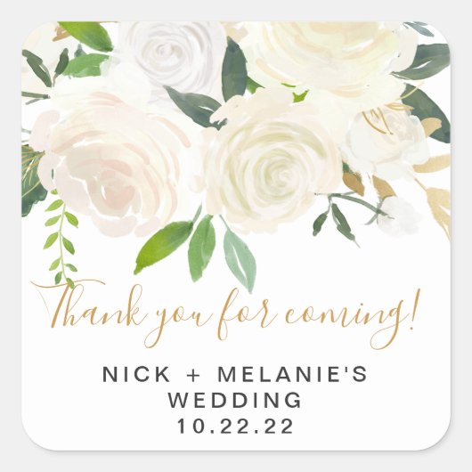 Witte bloemenbruiloft dank u gunst sticker (Voorkant)