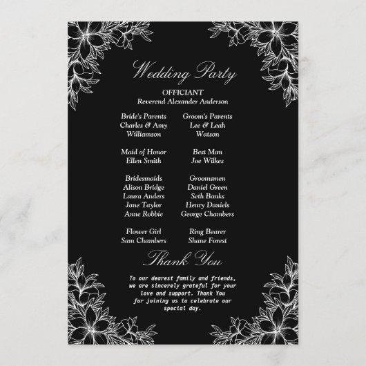 Witte  bloemenbruiloft programmakaart (Achterkant)