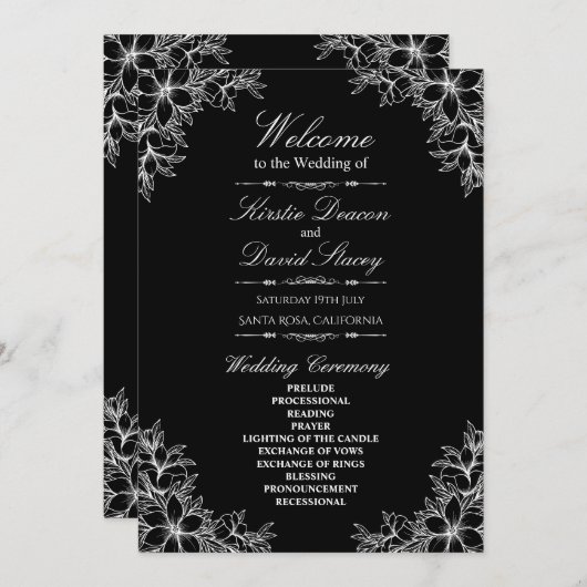 Witte  bloemenbruiloft programmakaart (Voorkant / Achterkant)