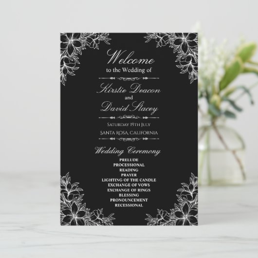 Witte  bloemenbruiloft programmakaart (Staand voorkant)