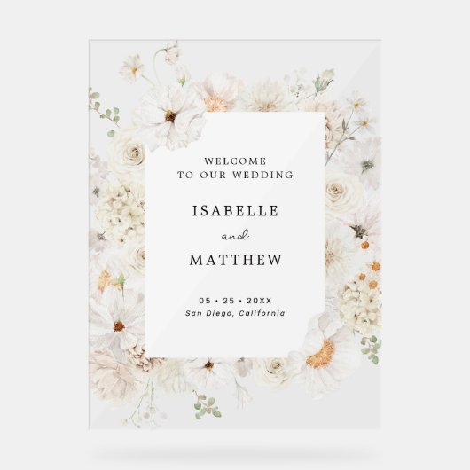 Witte bloemenbruiloft welkom acryl bord (Voorkant)