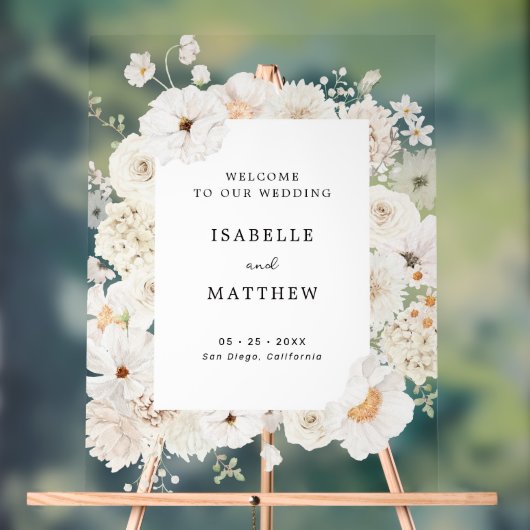 Witte bloemenbruiloft welkom acryl bord (Neutraal)