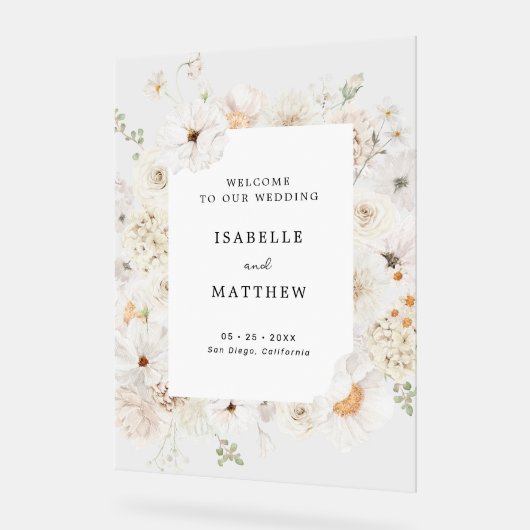 Witte bloemenbruiloft welkom acryl bord (Hoek)