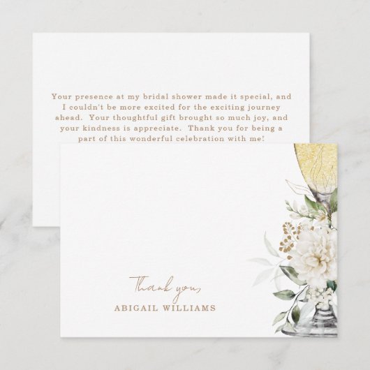 Witte bloemenchampagne douche bericht dank u bedankkaart (Voorkant / Achterkant)