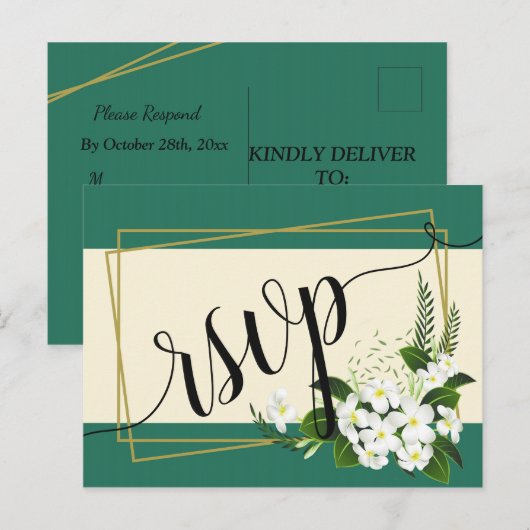 Witte bloemenelegante geometrische lijst RSVP invi Uitnodiging Briefkaart (Voorkant / Achterkant)