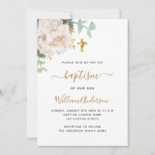 Witte bloemeneucalyptus groen kruis doop kaart (Voorkant)