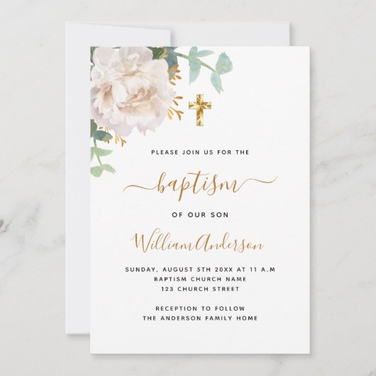 Witte bloemeneucalyptus groen kruis doop kaart (Voorkant)