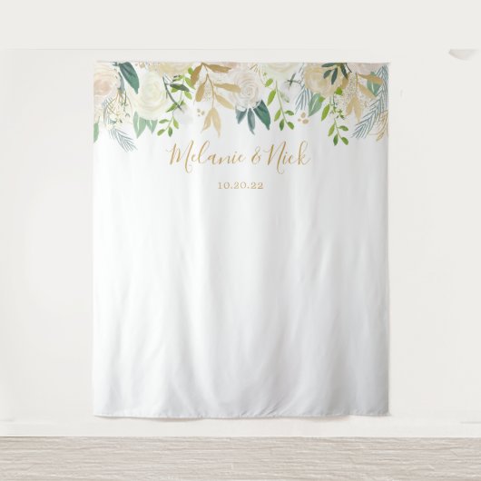 Witte bloemengebouwen trouwfotobackdrop wandkleed (Voorkant)