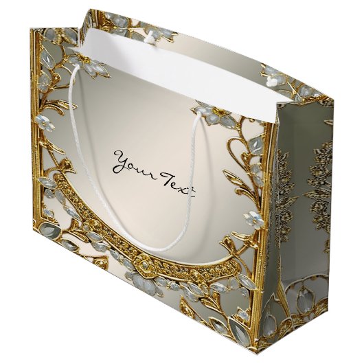 Witte bloemengeschenkzak met gouden ornamenten groot cadeauzakje (Achterkant Gekanteld)