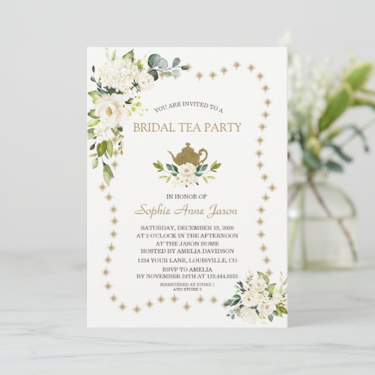 Witte bloemengoud glitters bruiloft theepartij kaart (Staand voorkant)