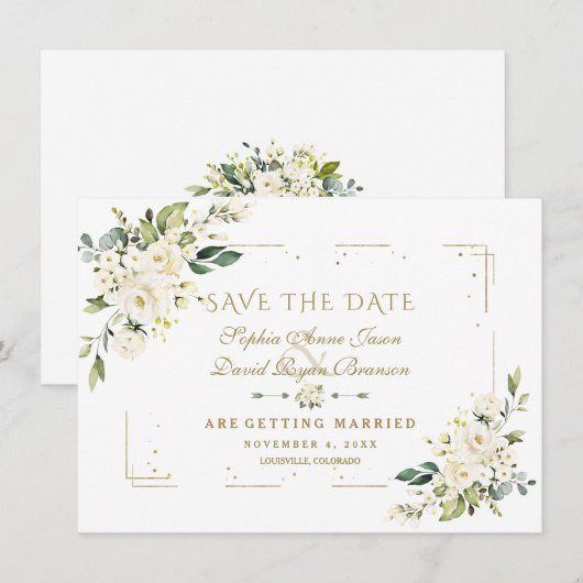 Witte bloemengoud glitters frame confetti bruiloft save the date (Voorkant / Achterkant)