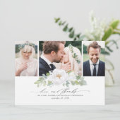 Witte bloemengroen bruiloft dank u foto bedankkaart (Staand voorkant)