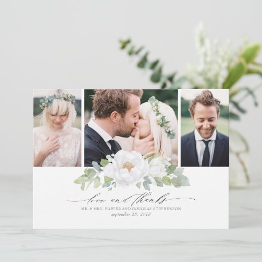Witte bloemengroen bruiloft dank u foto bedankkaart (Staand voorkant)