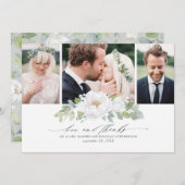 Witte bloemengroen bruiloft dank u foto bedankkaart (Voorkant / Achterkant)