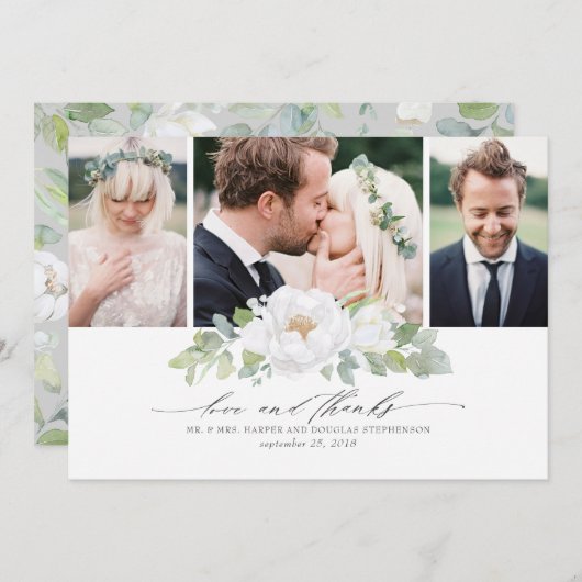 Witte bloemengroen bruiloft dank u foto bedankkaart (Voorkant / Achterkant)