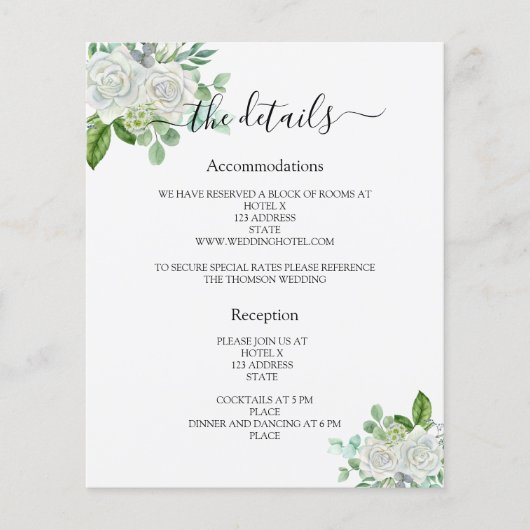 Witte bloemengroen bruiloft programma details (Voorkant)