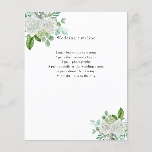 Witte bloemengroen bruiloft programma details flyer (Achterkant)