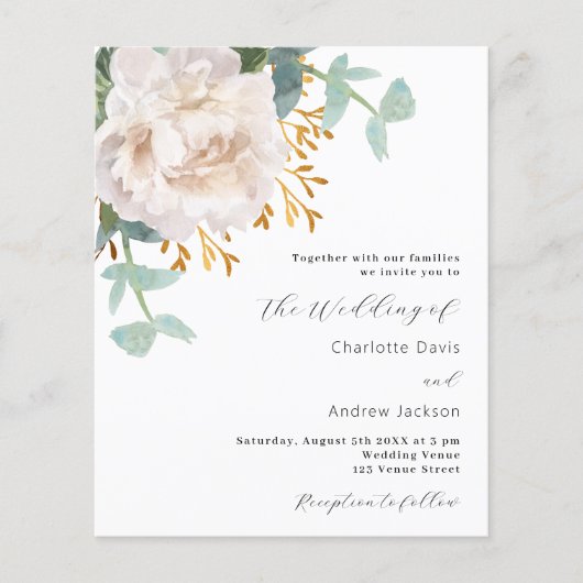Witte bloemengroen budget bruiloft uitnodiging (Voorkant)