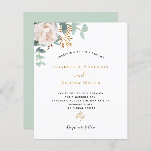 Witte bloemengroen budget bruiloft uitnodiging (Voorkant / Achterkant)