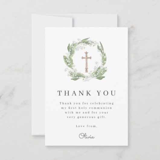 Witte bloemengroen eerste communie bedankkaart (Voorkant)