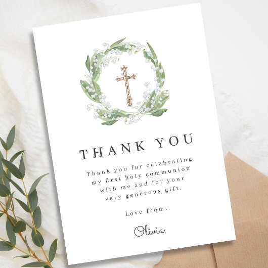 Witte bloemengroen eerste communie bedankkaart