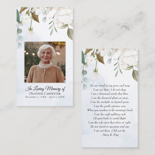 Witte bloemengroen gelamineerde foto begrafenis Ka Visitekaartje (Voorkant / Achterkant)