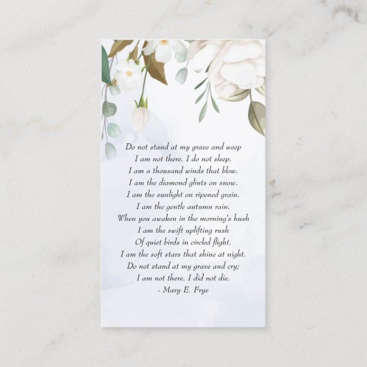 Witte bloemengroen gelamineerde foto begrafenis Ka Visitekaartje (Achterkant)