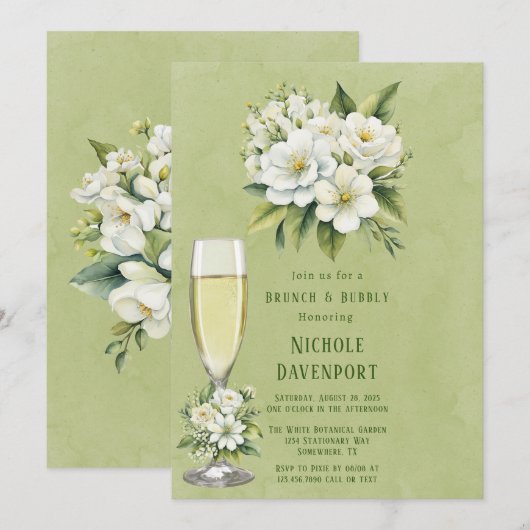 Witte bloemengroen geschilderde brunch & bubble kaart (Voorkant / Achterkant)